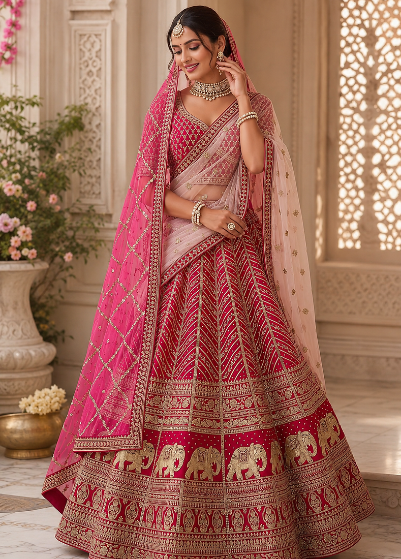Rani Pink color Tatamie Zari Work Dori Embroidered Sequins work Silk blend lehenga choli set