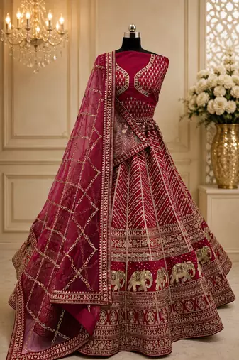 Rani Pink color Tatamie Zari Work Dori Embroidered Sequins work Silk blend lehenga choli set