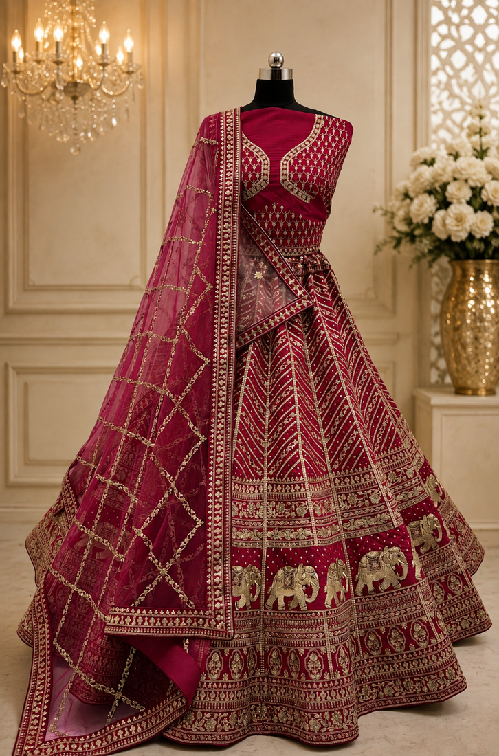 Rani Pink color Tatamie Zari Work Dori Embroidered Sequins work Silk blend lehenga choli set