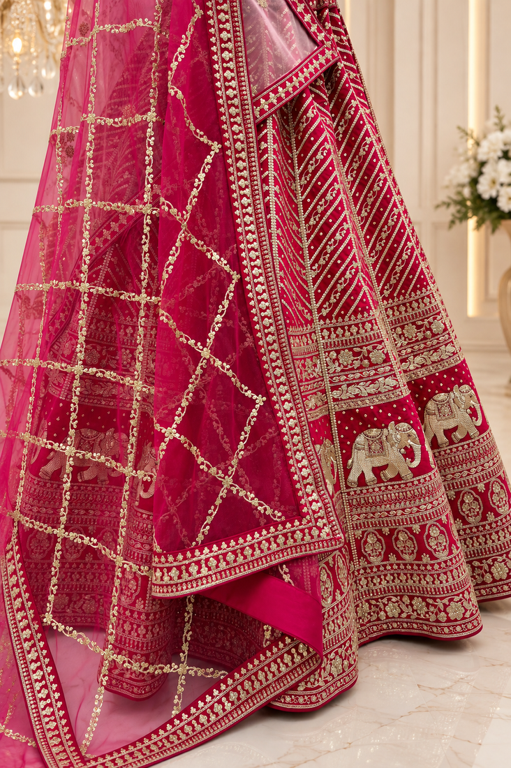 Rani Pink color Tatamie Zari Work Dori Embroidered Sequins work Silk blend lehenga choli set