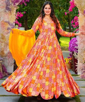 Multicolor rayon digital print anarkali gown with dupatta set 1