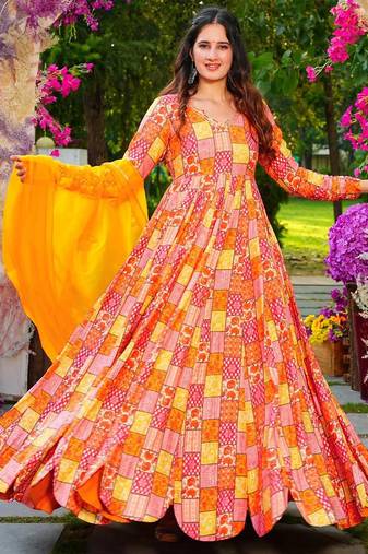 Multicolor rayon digital print anarkali gown with dupatta set