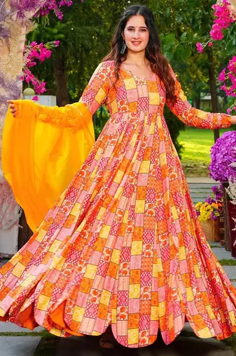 Multicolor rayon digital print anarkali gown with dupatta set