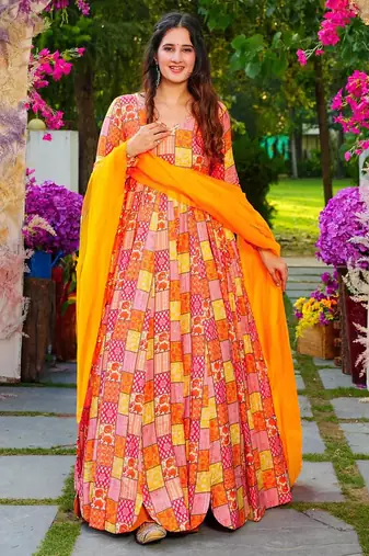 Multicolor rayon digital print anarkali gown with dupatta set