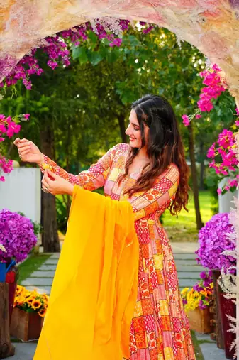 Multicolor rayon digital print anarkali gown with dupatta set