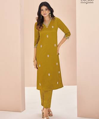 Mustard hand work straight kurta set 1
