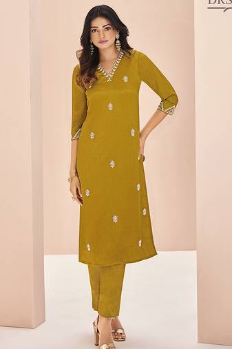 Mustard hand work straight kurta set