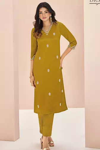 Mustard hand work straight kurta set