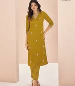 Mustard hand work straight kurta set