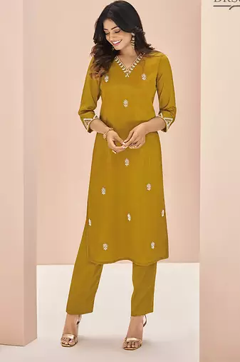 Mustard hand work straight kurta set