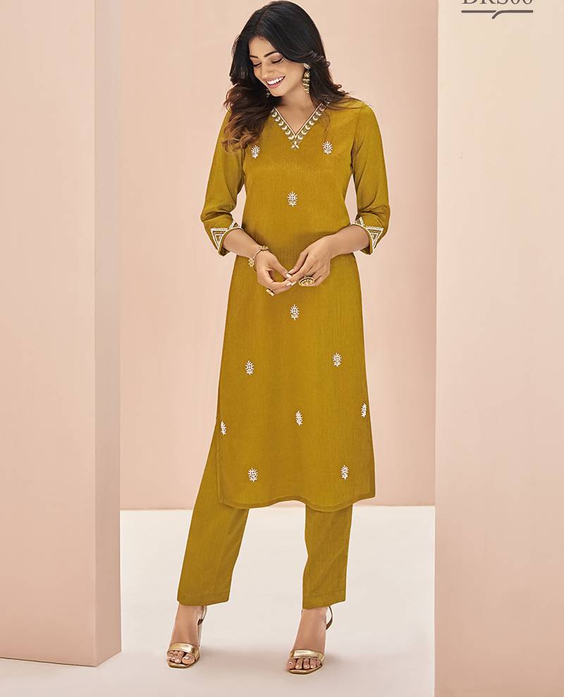 Mustard hand work straight kurta set