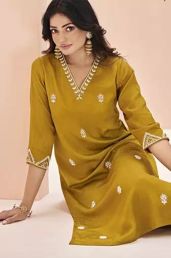 Mustard hand work straight kurta set