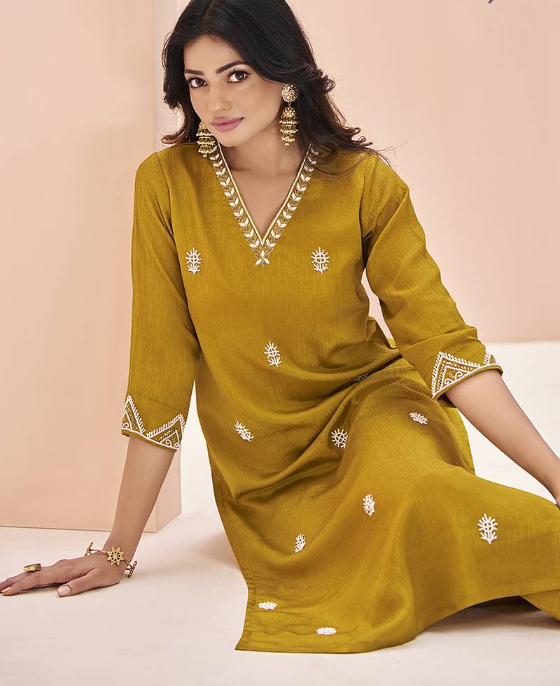 Mustard hand work straight kurta set