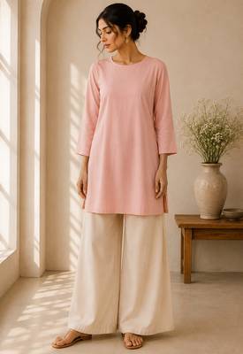 Pink cotton plain casual kurta set for women 1