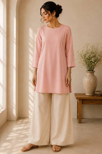 Pink cotton plain casual kurta set for women