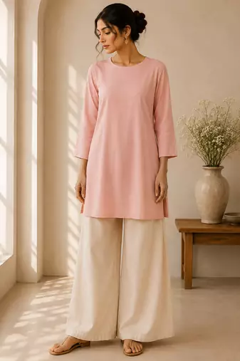 Pink cotton plain casual kurta set for women