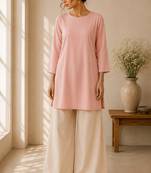 Pink cotton plain casual kurta set for women