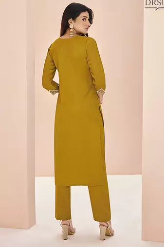 Mustard hand work straight kurta set