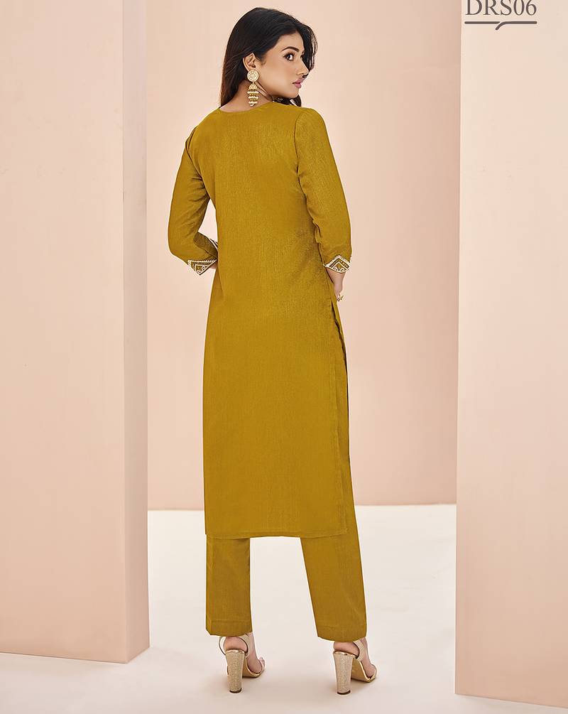 Mustard hand work straight kurta set