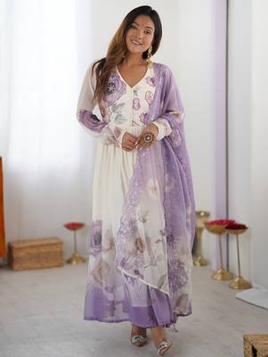 Ivory chiffon anarkali with lavender floral hand embroidery & dupatta 1
