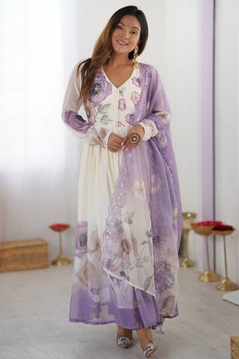 Ivory chiffon anarkali with lavender floral hand embroidery & dupatta