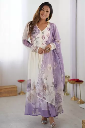 Ivory chiffon anarkali with lavender floral hand embroidery & dupatta