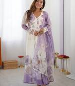 Ivory chiffon anarkali with lavender floral hand embroidery & dupatta