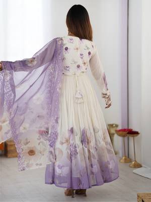 Ivory chiffon anarkali with lavender floral hand embroidery & dupatta 4