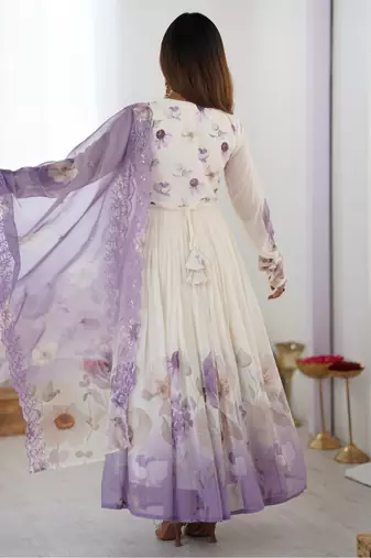Ivory chiffon anarkali with lavender floral hand embroidery & dupatta