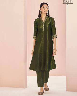 Olive hand work straight kurta set 1