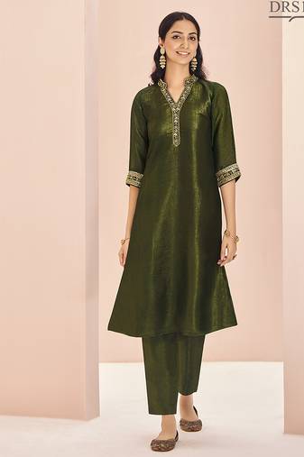 Olive hand work straight kurta set