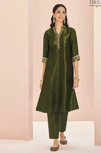 Olive hand work straight kurta set