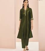 Olive hand work straight kurta set