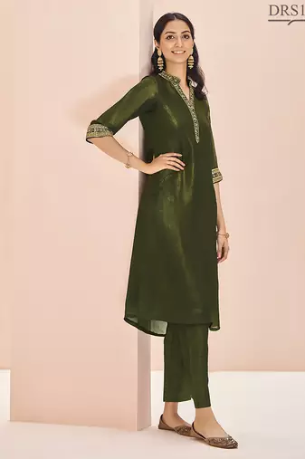Olive hand work straight kurta set