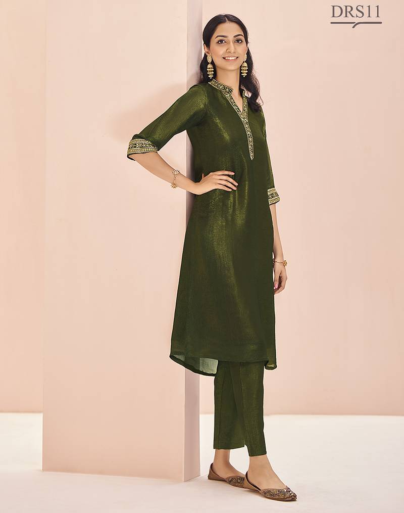 Olive hand work straight kurta set