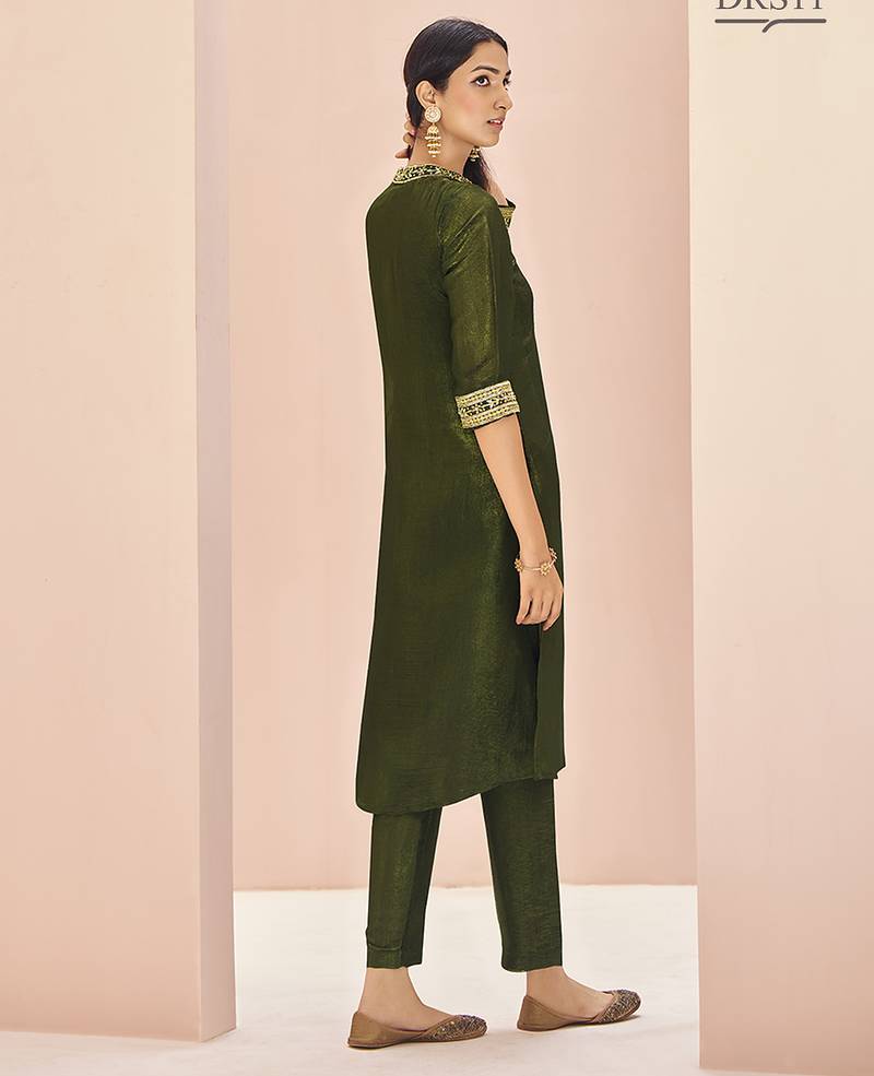 Olive hand work straight kurta set