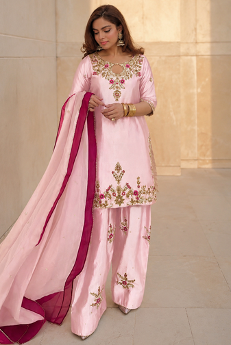 baby pink color beautiful embroidery and sequence work silk blend kurti palazzo set