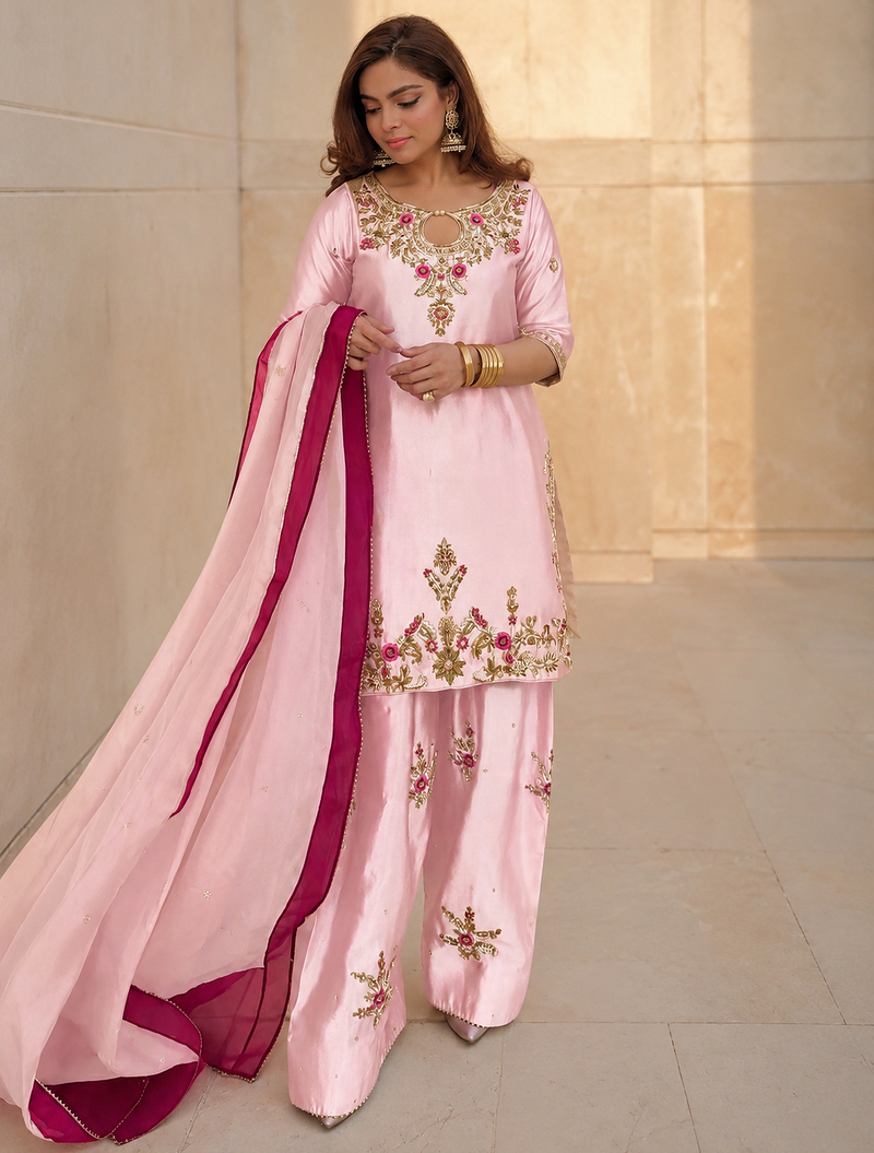 baby pink color beautiful embroidery and sequence work silk blend kurti palazzo set