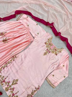 baby pink color beautiful embroidery and sequence work silk blend kurti palazzo set 3