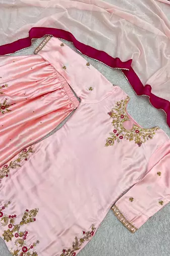 baby pink color beautiful embroidery and sequence work silk blend kurti palazzo set