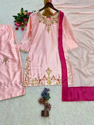 baby pink color beautiful embroidery and sequence work silk blend kurti palazzo set 4