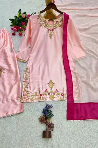 baby pink color beautiful embroidery and sequence work silk blend kurti palazzo set