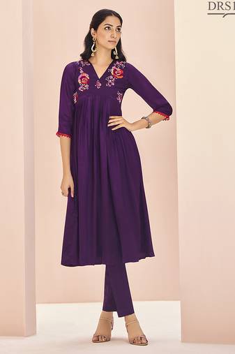 Wine hand work embroidered kurta set