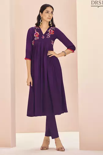 Wine hand work embroidered kurta set