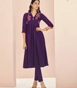 Wine hand work embroidered kurta set