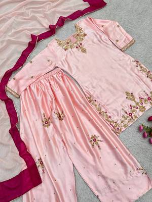 baby pink color beautiful embroidery and sequence work silk blend kurti palazzo set 5