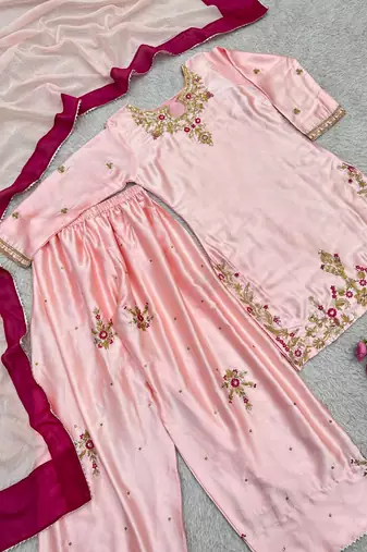 baby pink color beautiful embroidery and sequence work silk blend kurti palazzo set