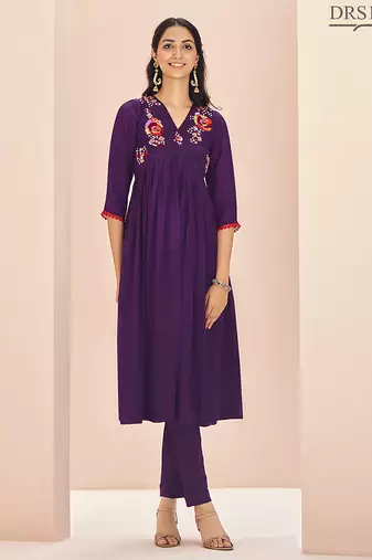 Wine hand work embroidered kurta set