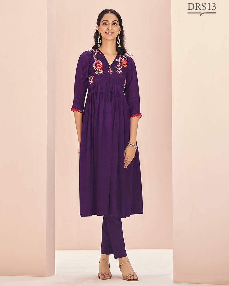 Wine hand work embroidered kurta set