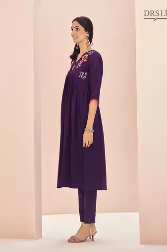 Wine hand work embroidered kurta set
